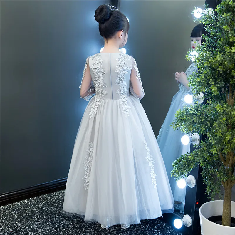 Детское кружевное платье принцессы с цветочной аппликацией и рукавом три