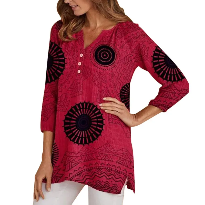 

T Shirt Women Loose V Neck Button Tshirt 2019 New Autumn Boho Cartoon Print Loose Tops Women Long Sleeve Casual Wild T-Shirt