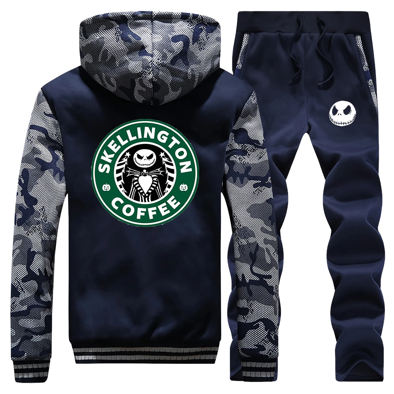 

2019 Winter Jacket Warm Suit Mens Thick Fleece Hoodies Jack Skellington Coffee Streetwear Men Sweatshirt+Sweatpants 2 Piece Sets
