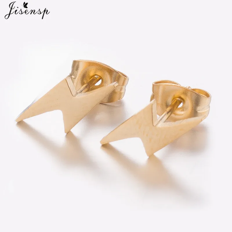 Jisensp Punk Geometric Stainless Steel Earrings Unique Design Lightning Shape Stud Earrings Fashion Jewelry for Women Men Gift