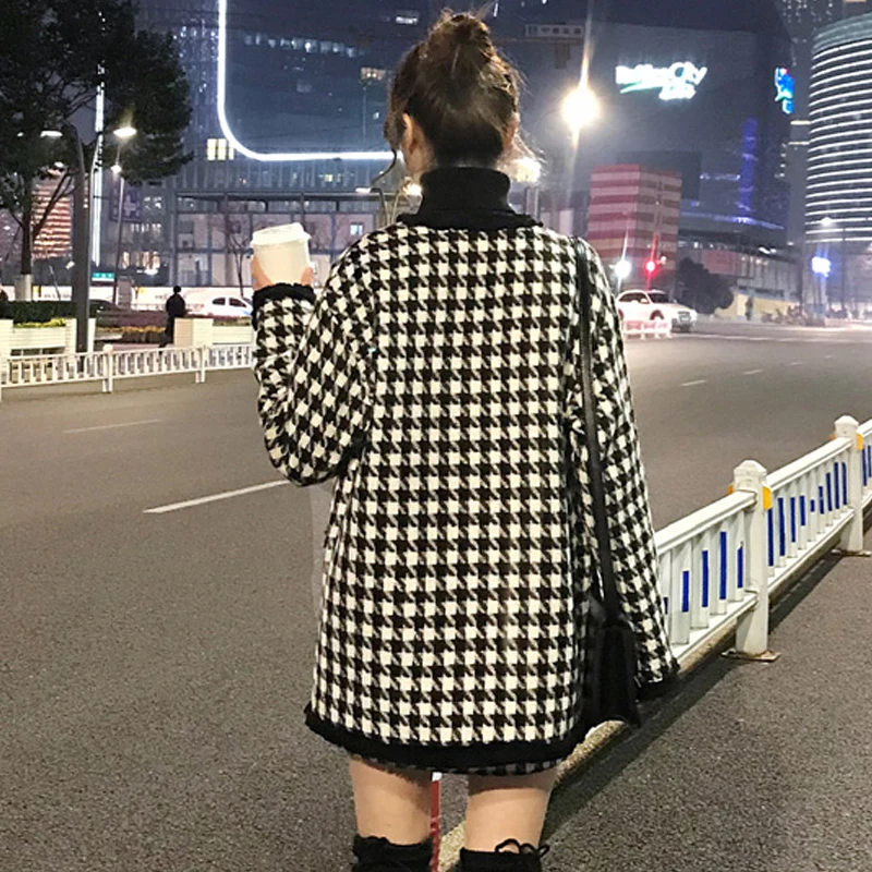 Black/white plaid tweed jacket+ skirt suit autumn / winter women's wool coat jacket houndstooth hip ladies 2 piece skirt suit