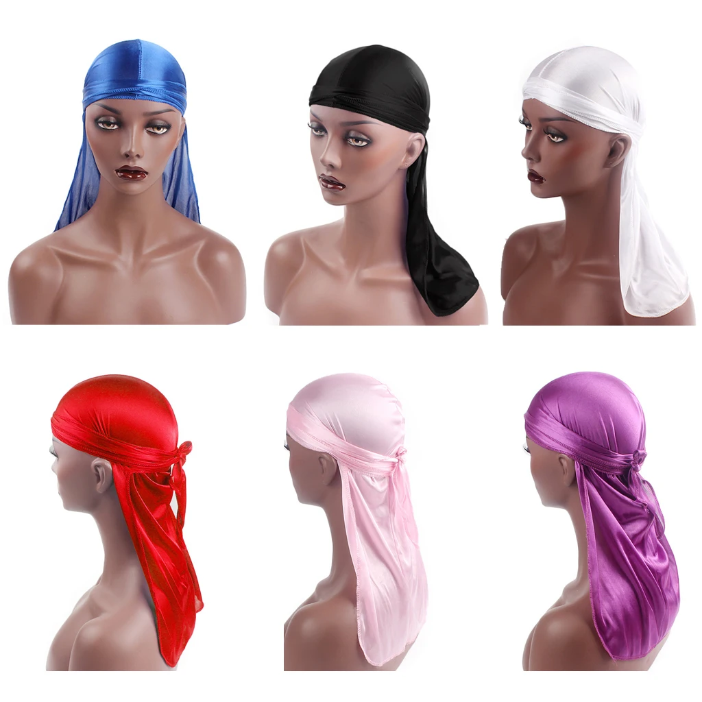6pcs Soft Smooth Durag Waves Caps with Long Tail Wide Straps for Men and Women Hair Loss Chemo Beanie Wave Cap