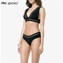 Летние однотонные черные сексуальные 2 шт наряды для женщин глубокий v-образный вырез выдалбливают урожай топ короткий стиль Топ треугольные Трусы-шорты