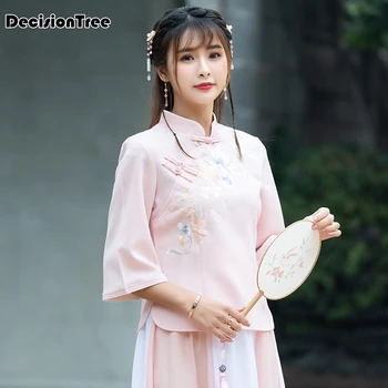 

2020 women long sleeve shirt chinese traditional lady mandarin collar butterfly blouse top elegant clothing