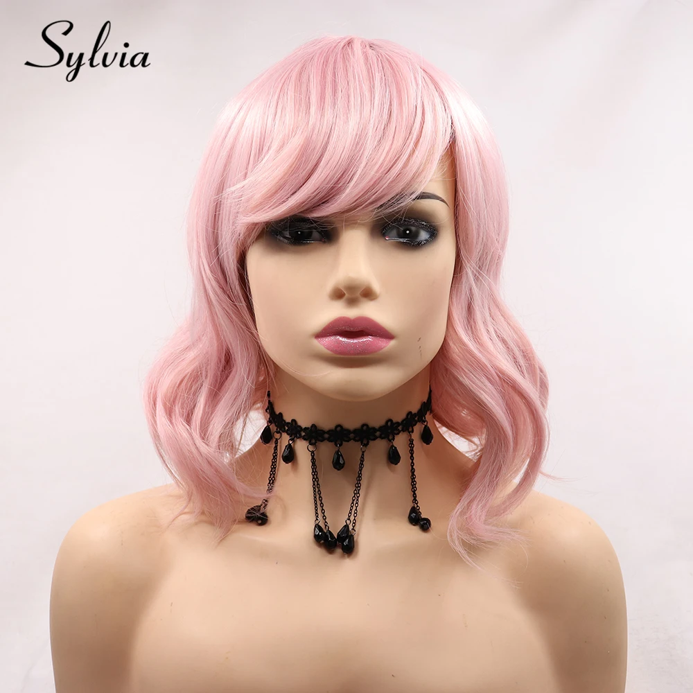 

Sylvia Candy Pink Short Water Wave Synthetic Machine Made Wigs Side Parting Glueless Heat Resistant Fiber Hair