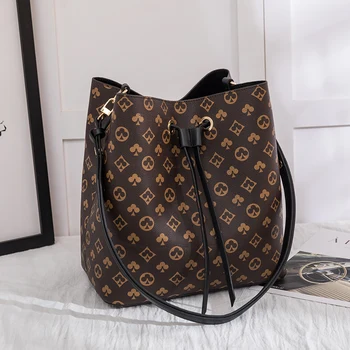 

Luxury Leather Women's Bag Vintage Bucket Handbag Lady Brand Designer Crossbody Bags PU FLoral Printing Shoulder Bag-tote New