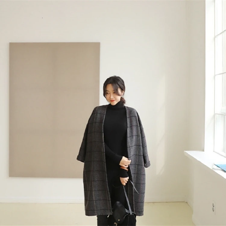 Women Woolen long Coat Autumn Winter Cassic Simple Long Plaid Cardigan Coat Trenchcoat Wool Coat All Match Vintage Plus Size