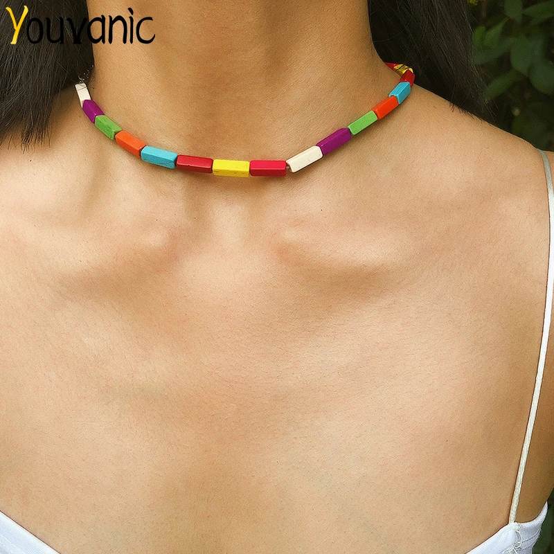 Youvanic Boho колье из натурального камня для женщин и девушек, Bff, яркое Радужное короткое ожерелье на цепочке, этническое модное ювелирное изделие 2548