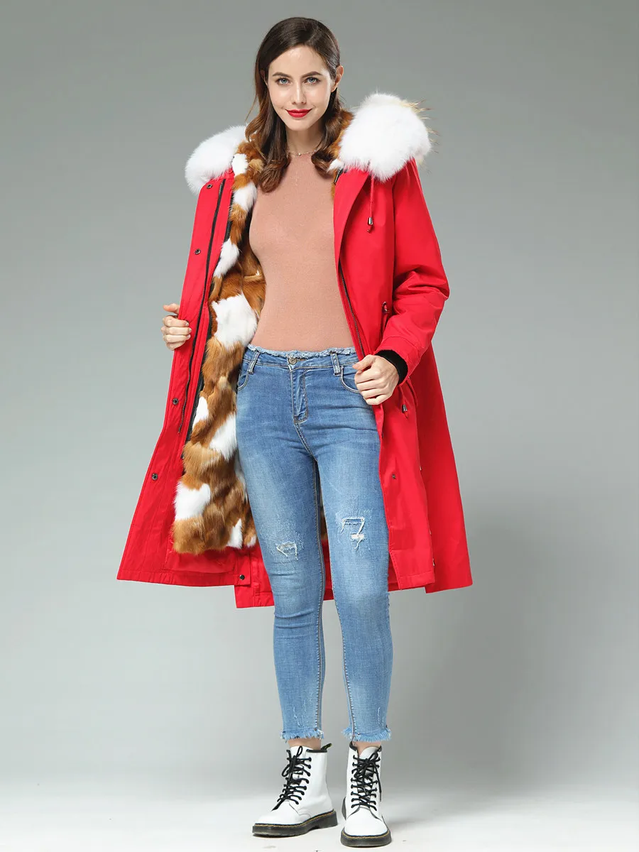 90cm Long Real Fox Lining fur coat parkas winter jacket coat women parka big real Fox raccoon fur collar fox fur liner Red Outer