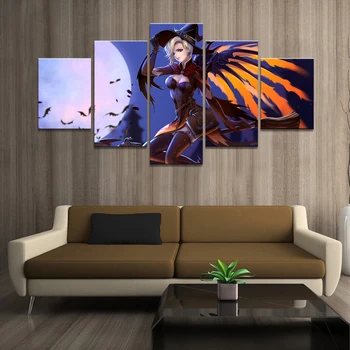

Home Decor Poster Pictures Prints Canvas 5 Piece Modular Sorceress Mercy Overwatch Game Living Room Decorative Painting Framed