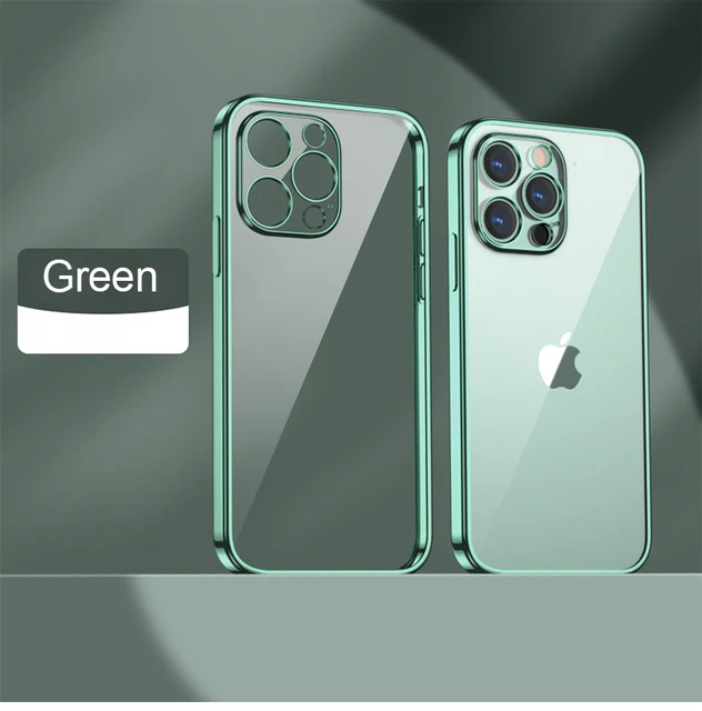 Luxury Plating Transparent Soft Silicone Case for iPhone 13 11 12 Pro Max Mini XR X XS SE 2020 8 7 Plus Shockproof Clear Cover Green