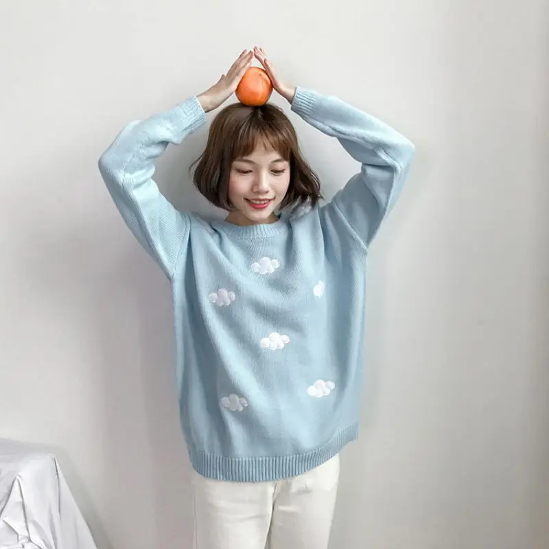Женский свитер Kawaii Ulzzang в винтажном стиле для колледжа, свободный свитер с облаками, женский корейский панк толстый милый свободный свитер Harajuku, одежда для женщин