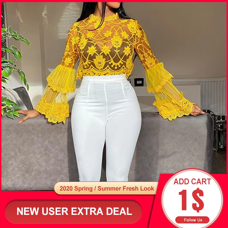 Сексуальная сетчатая желтая блузка прозрачный топ с расклешенными длинными