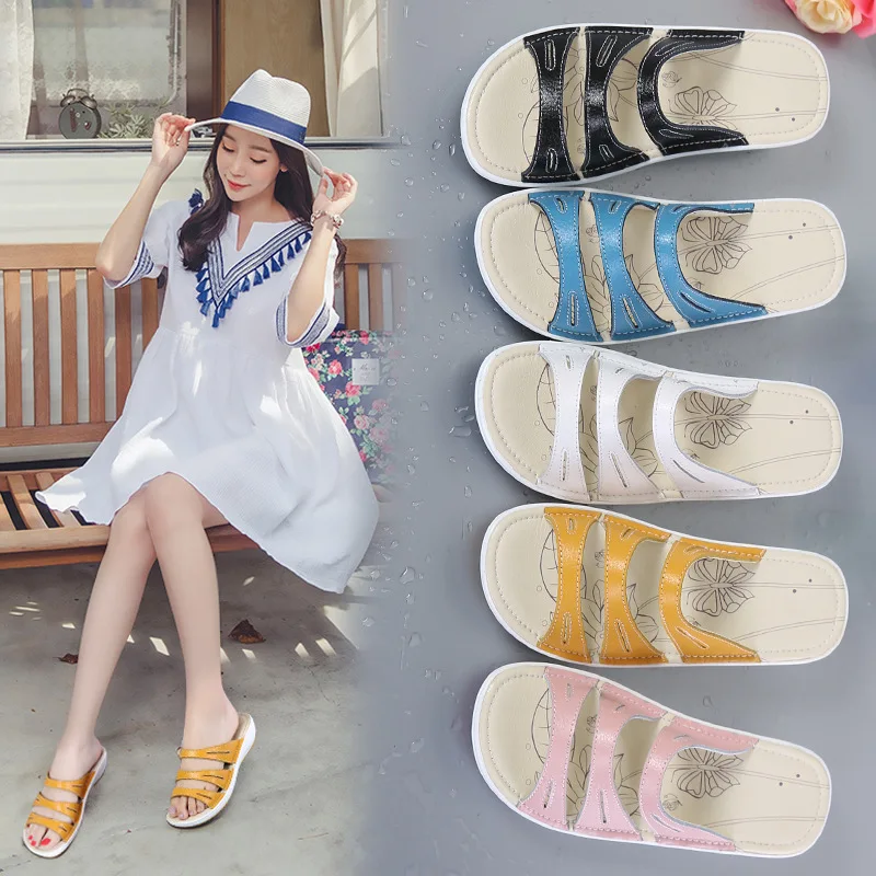 

New Style Summer Genuine Leather Casual Korean-style Flat Sandals WOMEN'S Shoes Candy-Colored Three Leather Belt Surface Outer W