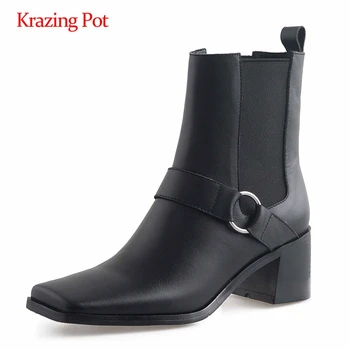

Krazing pot large size western boots natural leather stretch metal decorations square toe thick high heel maiden ankle boots L26
