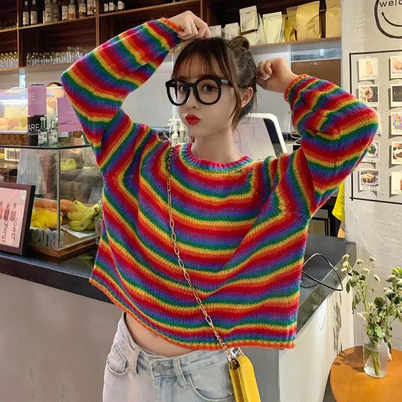 Полосатый свитер женский осенний корейский Harajuku с круглым вырезом женский свободный свитер японский кавайный Радужный Ulzzang Одежда для девочек