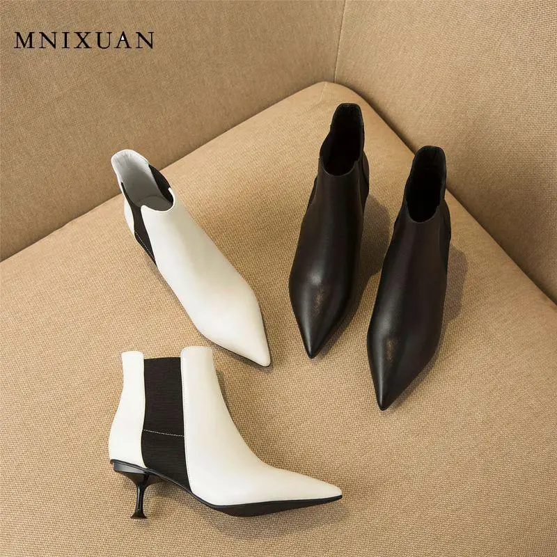 

MNIXUAN Sexy Pointed Toe High Heel Ankle Boots 2019 autumn genuine leather new women shoes slip on Chelsea boots black booties
