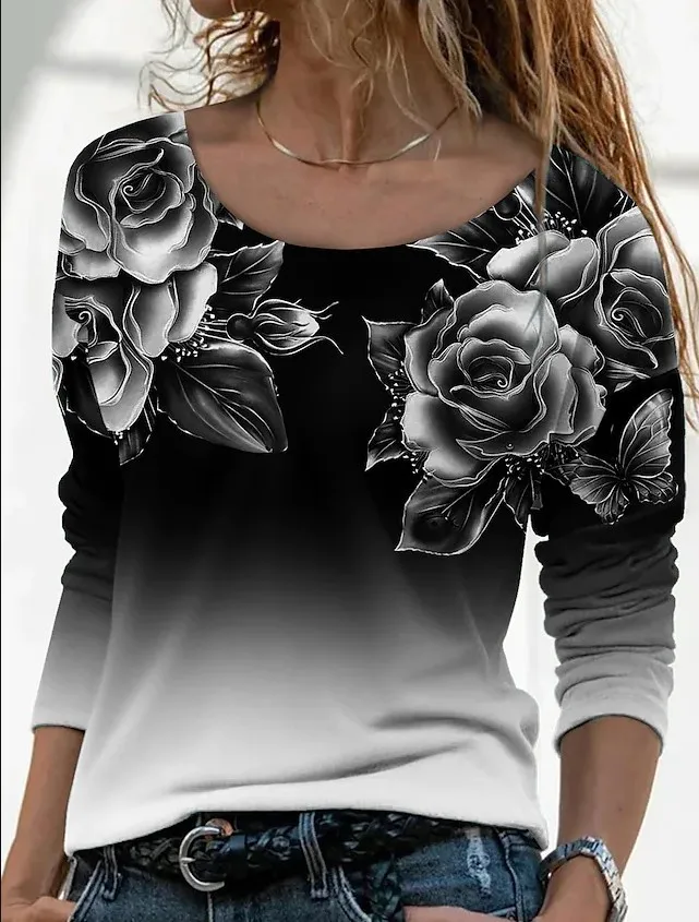 Haec3058b6b294ea49b70ceefcafd52e2S - Casual Floral Print Long Sleeve T-shirt
