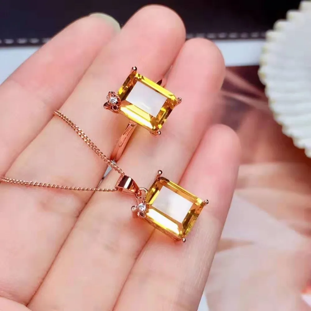 Натуральный желтый кристалл S925 Кольцо Кулон ожерелье костюм для модных дам