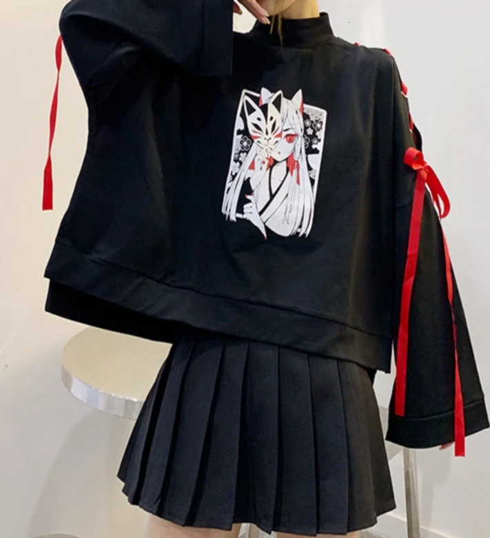 Японская Лолита Винтаж Harajuku аниме лиса печати на шнуровке с длинными рукавами рубашки с капюшоном темная девушка панк уличная Толстовка Топы - Color: Tops skirt