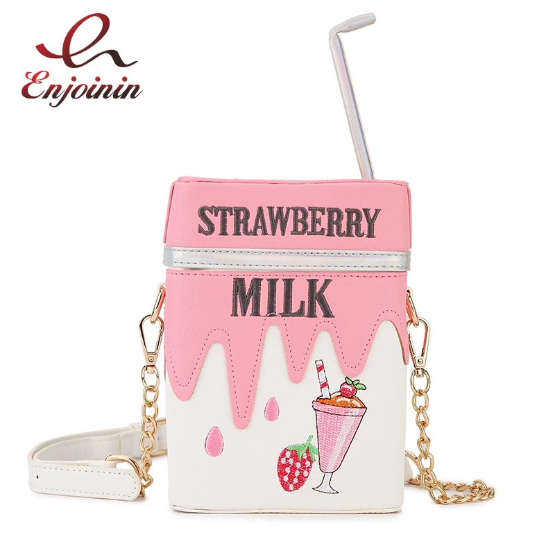 Fashion Strawberry Milk Box Chain Shoulder Bag For Women Purses And