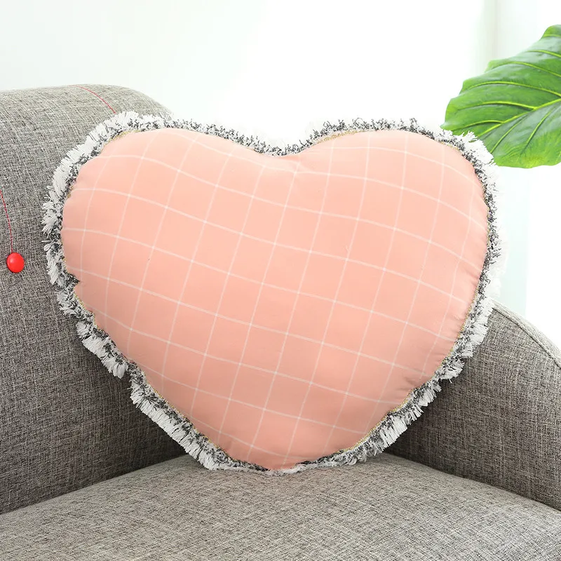 pink plaid Подушка в форме сердца красочная клетчатая и нежная кисточка - Цвет: pink plaid