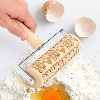 

Christmas Laser Engraved Rolling Pin Hand-held Printing Dough Roller DIY Biscuit Fondant Cake Patterned Roller Baking Tools