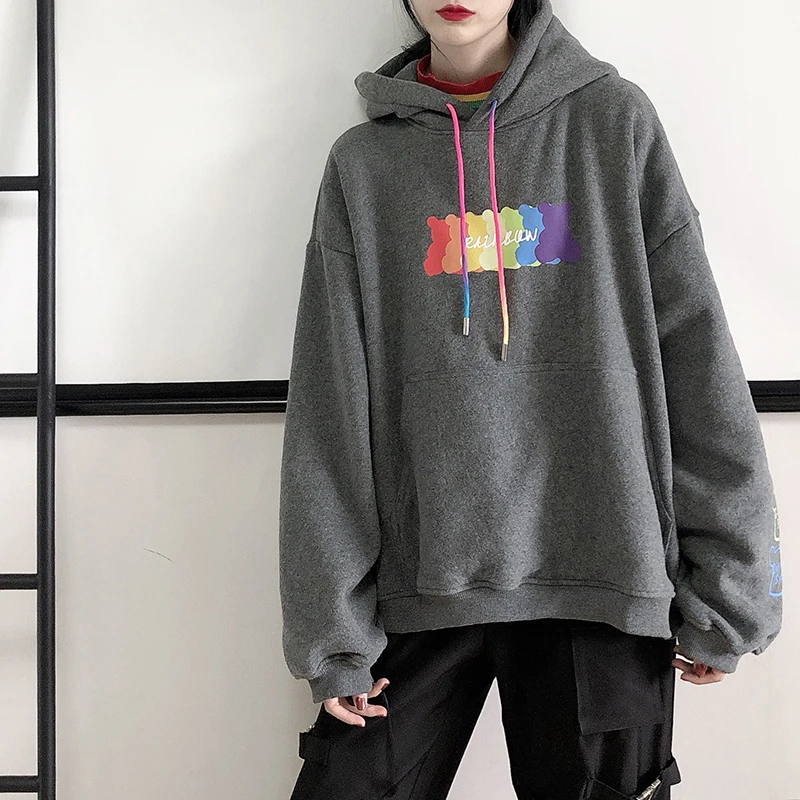 Hirsionsan Толстовка с принтом радуги и букв для женщин Kawaii Harajuku Пуловеры утолщенная теплая уличная одежда толстовки Одежда больших размеров