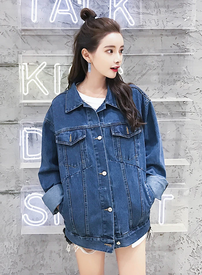 Liva girl Solid Turn-down Collar Denim Jacket for Women Loose Casual Blue Fashionable Women Coats Female outwear Denim Jakcet