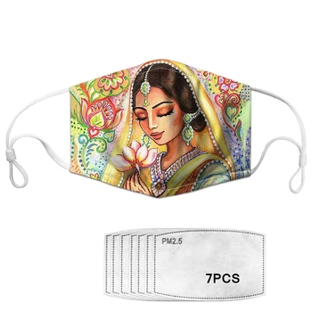 

Women/Kids/Girls Mouth Mask Pretty Indian Bride Pattern Reusable Dustproof Mask With 7 Filters Female Windproof Protection Mask