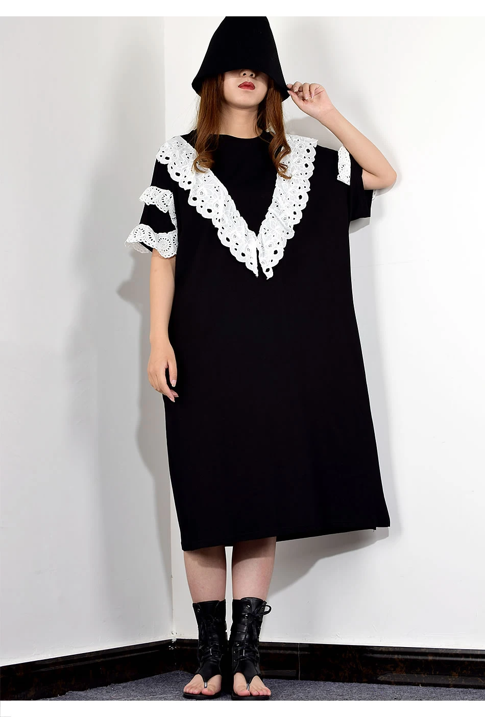 XITAO Patchwork Hollow Out Lace Midi Dress Women Korean Fashion Clothes Pullover Short Sleeve Match All Summer New WBB3996
