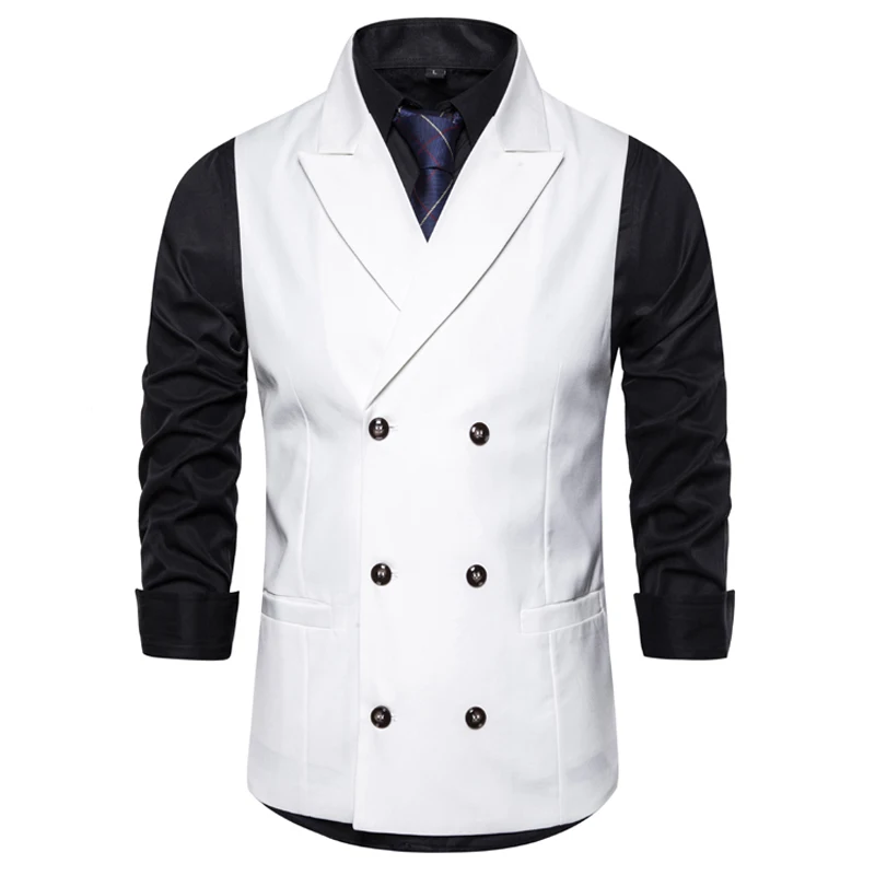 Fashion Double Breasted White Vest Men Spring New Peak Lapel Suit Vests Mens Wedding Groom Tuxedo Waistcoat Male Chalecos