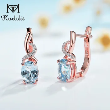 Kuololit 585 Rose Gold Topaz Gemstone Luxury Clip Earrings for Women Genuine 925 Sterling Silver Emerald London Blue Morganite