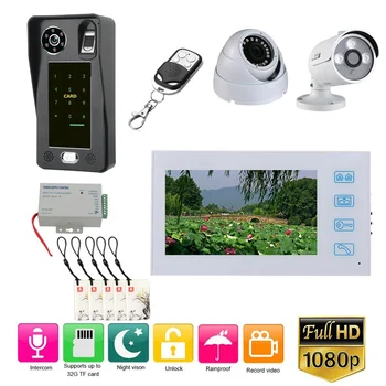 

7 inch Record Wired Video Door Phone Doorbell Intercom System with Fingerprint RFIC Card AHD 1080P and 2CH Security Camera