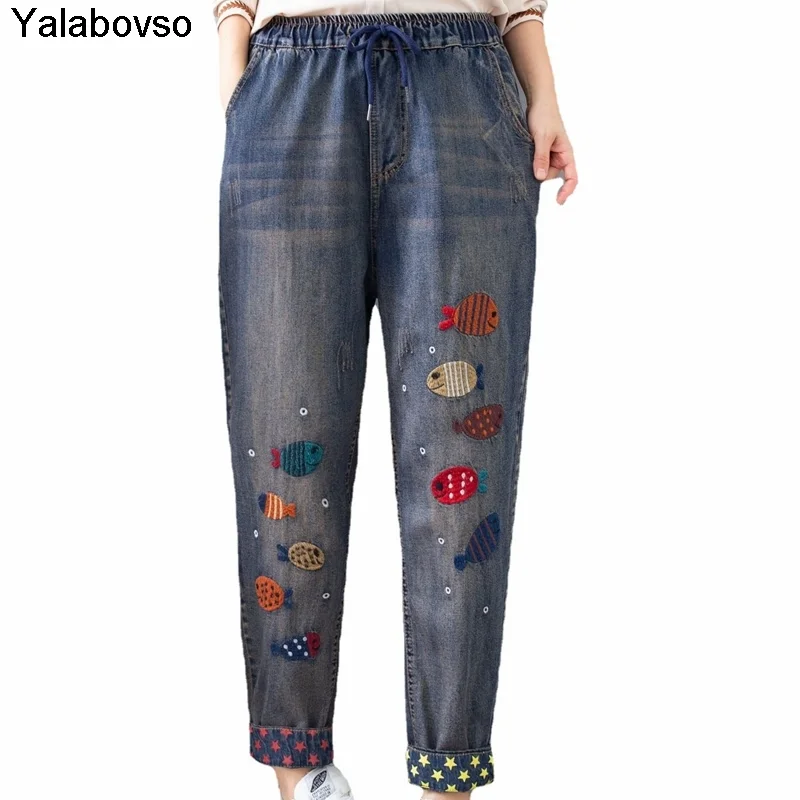 

Autumn And Winter New Elastic Waist Vintage Retro Style Pants Small Fish Embroidery Hem Loose Denim Washed Jeans Women Yalabovso