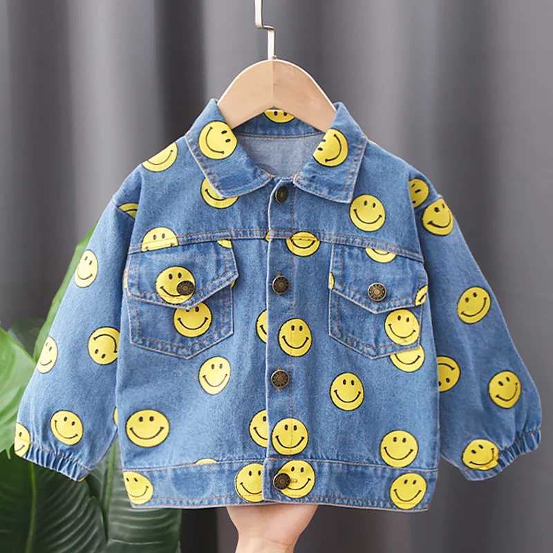 

New Boys Denim Jackets For Baby Girls Smile Pattern Coats 2021 Spring Autumn Long Sleeve Fashion Boys Cowboy Cute Kids Outerwear