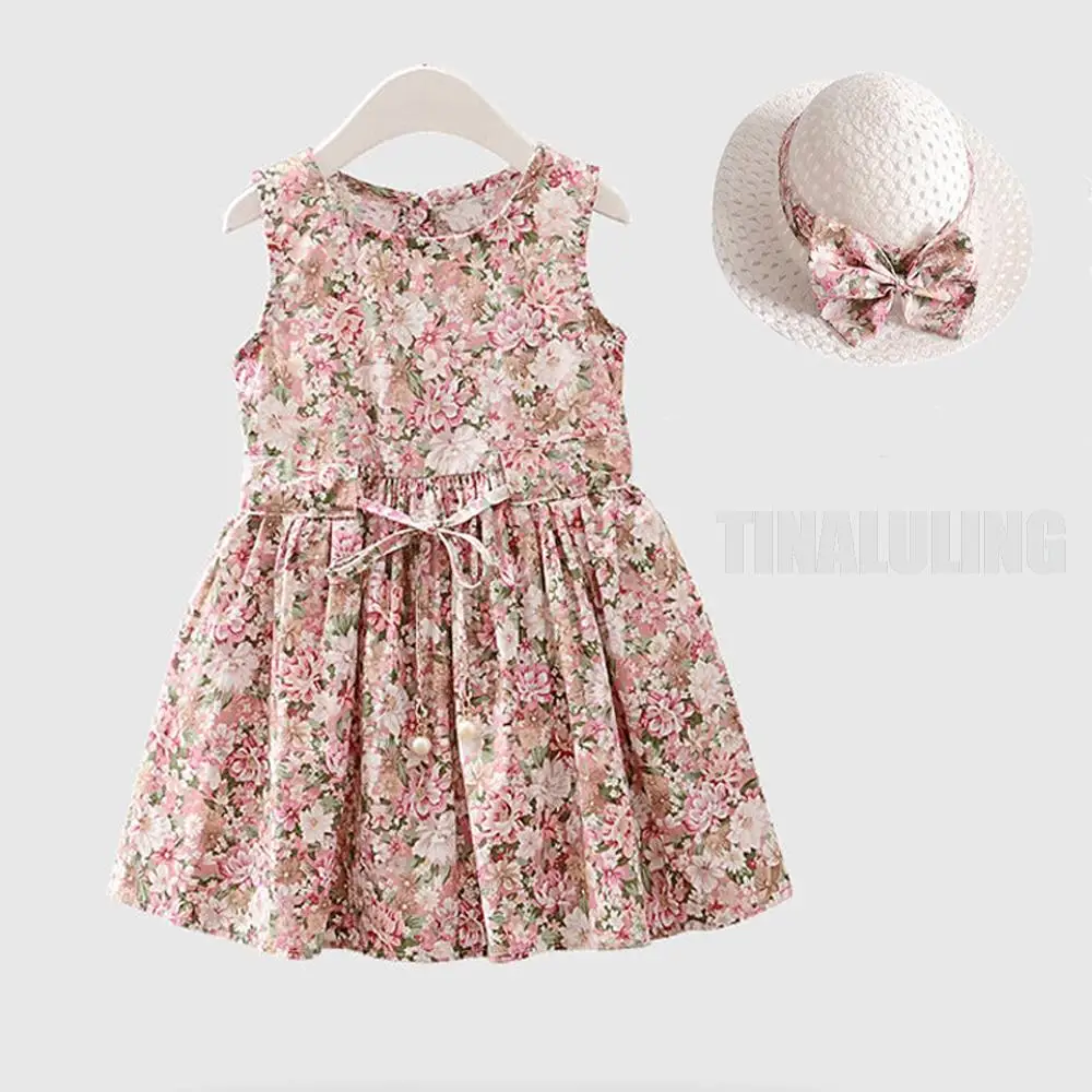2021 Elegant Dress for Toddler Summer 2 to 7 Years Clothing Fashion Sleeveless Dress + Hat Outing Cute Floral Girl Casual Skirt