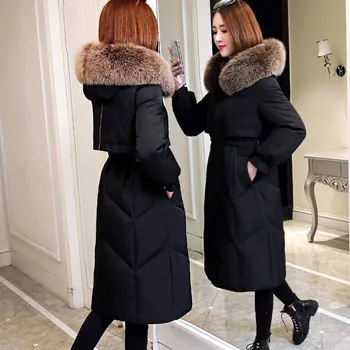 

Fashion Winter Jacket Women Big Fur Hooded Thick Down Parkas X-Long Female Jacket Coat Slim Warm Winter Outwear 2019 New
