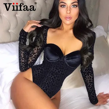 

Viifaa Contrast Velvet Body Transparent Leopard Mesh Sexy Bodysuit Women Sweetheart Neck Long Sleeve Party Skinny Bodysuits