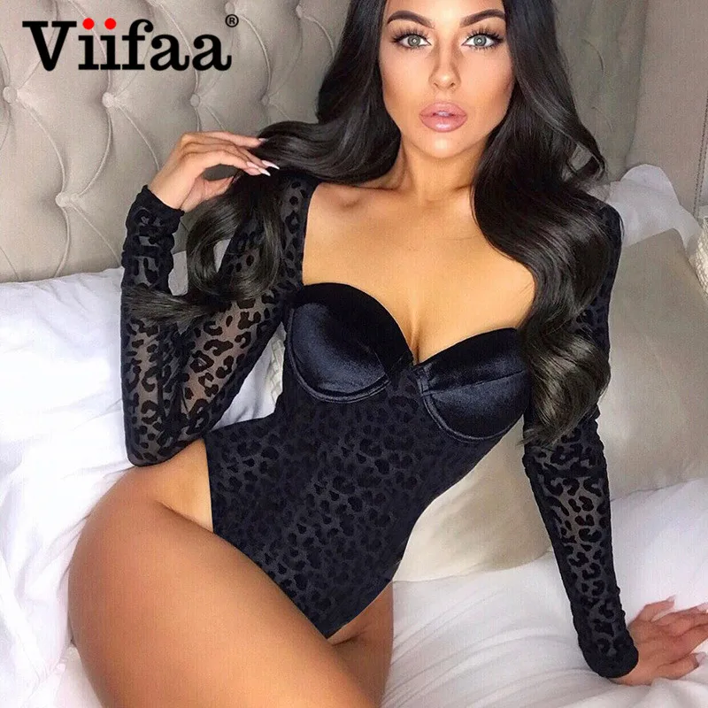Женское контрастное бархатное боди Viifaa прозрачное леопардовое Сетчатое