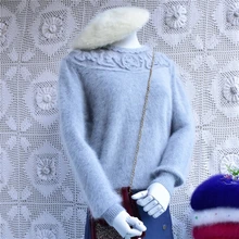 Женская одежда, элегантный винтажный свитер с круглым вырезом и длинным рукавом из меха Ангоры и кролика, вязаный вручную пуловер с вышивкой, женский свитер