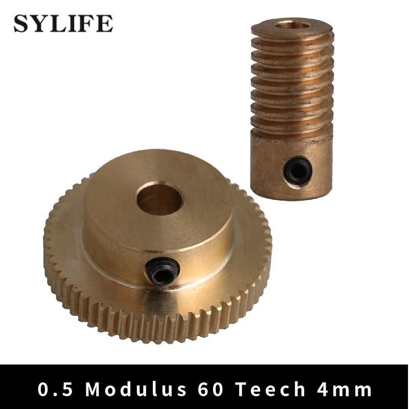 Yellow 4MM Hole Dia Brass Worm Gear Shaft & 31MM 0D 60 Teeth Brass Worm Gear Wheel 0.5 Modulus Set