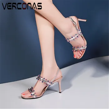 

VERCONAS 2020 Woman Sandals Woman Pumps Classic Design Genuine Leather Rhinestone Rivets Round Toe Thin High Heeled Shoes Woman