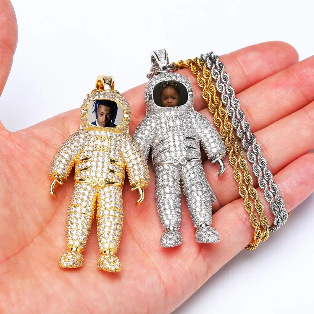 GUCY изготовление на заказ фото астронавты ожерелье и кулон с теннисная Цепочка Золото Серебро Цвет кубический циркониевый мужские хип хоп ювелирные изделия