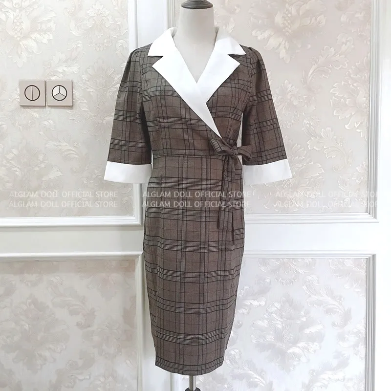 Autumn Notched Vintage Plaid Vestidos Bowknot Half Sleeve Knee-Length Bodycon Pencil Office Work Cloth Dress