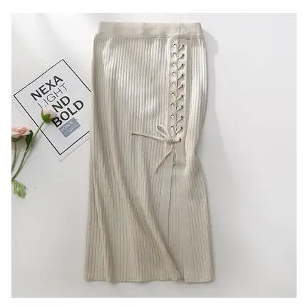 beige Модная тонкая кружевная Осенняя юбка миди с разрезом, Длинная зимняя облегающая трикотажная юбка, сексуальная женская повседневная юбка-карандаш с высокой талией Falda - Цвет: beige