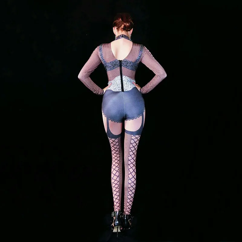 Печать Стразы Боди Леггинсы Костюм DS Певица Сценическая Одежда Mesh DJ Dance WEAR Партии Стрейч Комбинезон Экипировка