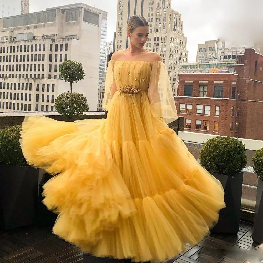 Yellow-Beaded-Long-Sleeves-Prom-Dresses-Off-The-Shoulder-A-Line-Pleated-Evening-Gowns-Plus-Size