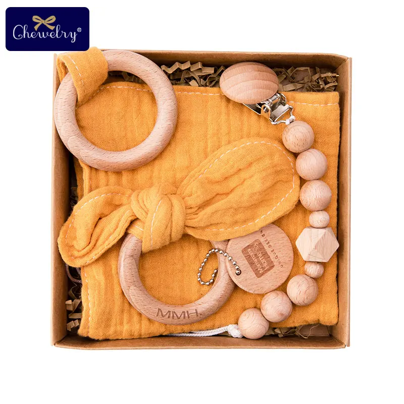 1Set Pacifier Clips Chain Cotton Baby Bibs Teether Beech Wooden Ring Saliva Towel Pacifier Chain Bunny Ear For Kids Product