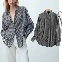 

Dave&Di Blusas Mujer De Moda 2021 Shirt Women Tops Autumn Enlgand HIgh Street Plaid Vintage Loose Long Sleeve Blouse Women Tops